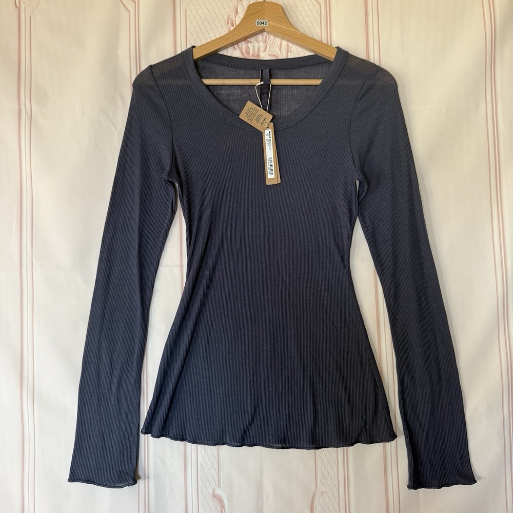 Skims Sheer Cotton Long Sleeve Crew Top In Sleet Navy Size Small NWT